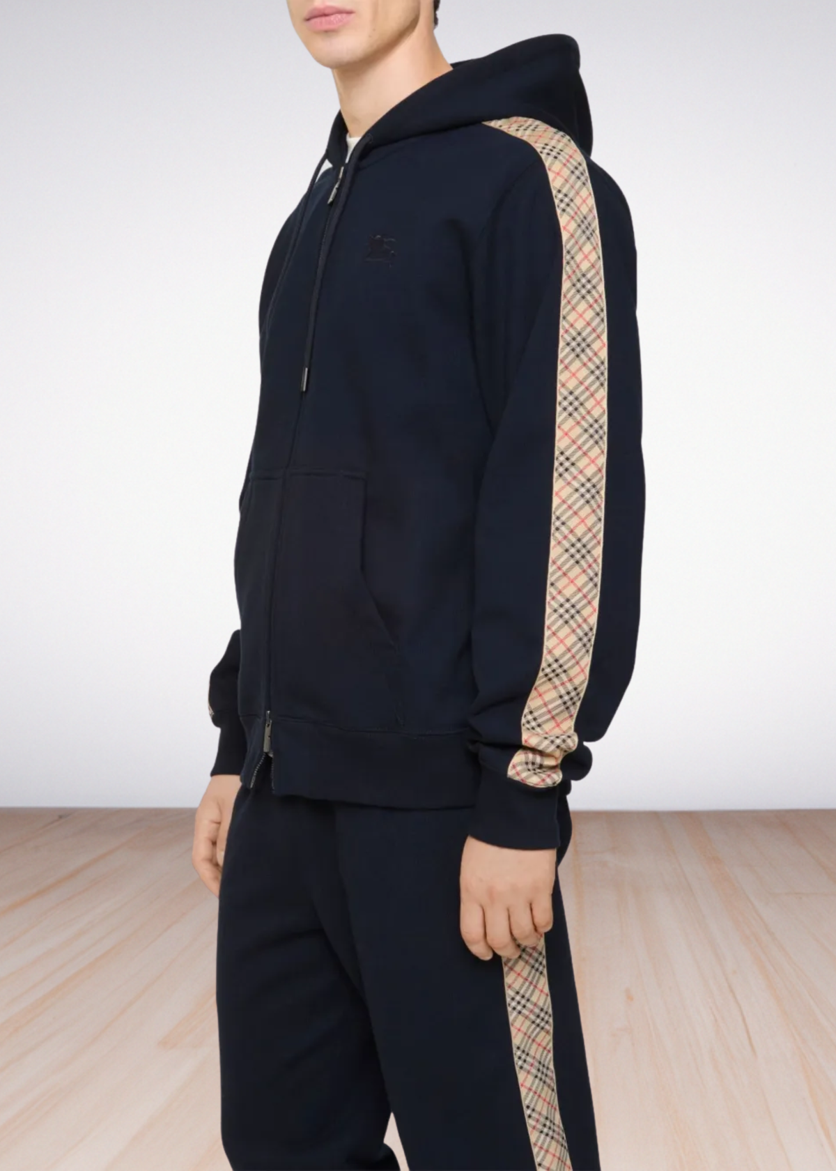 סווטשירט ריץ רץ בצבע שחור check-trim zipped hoodie