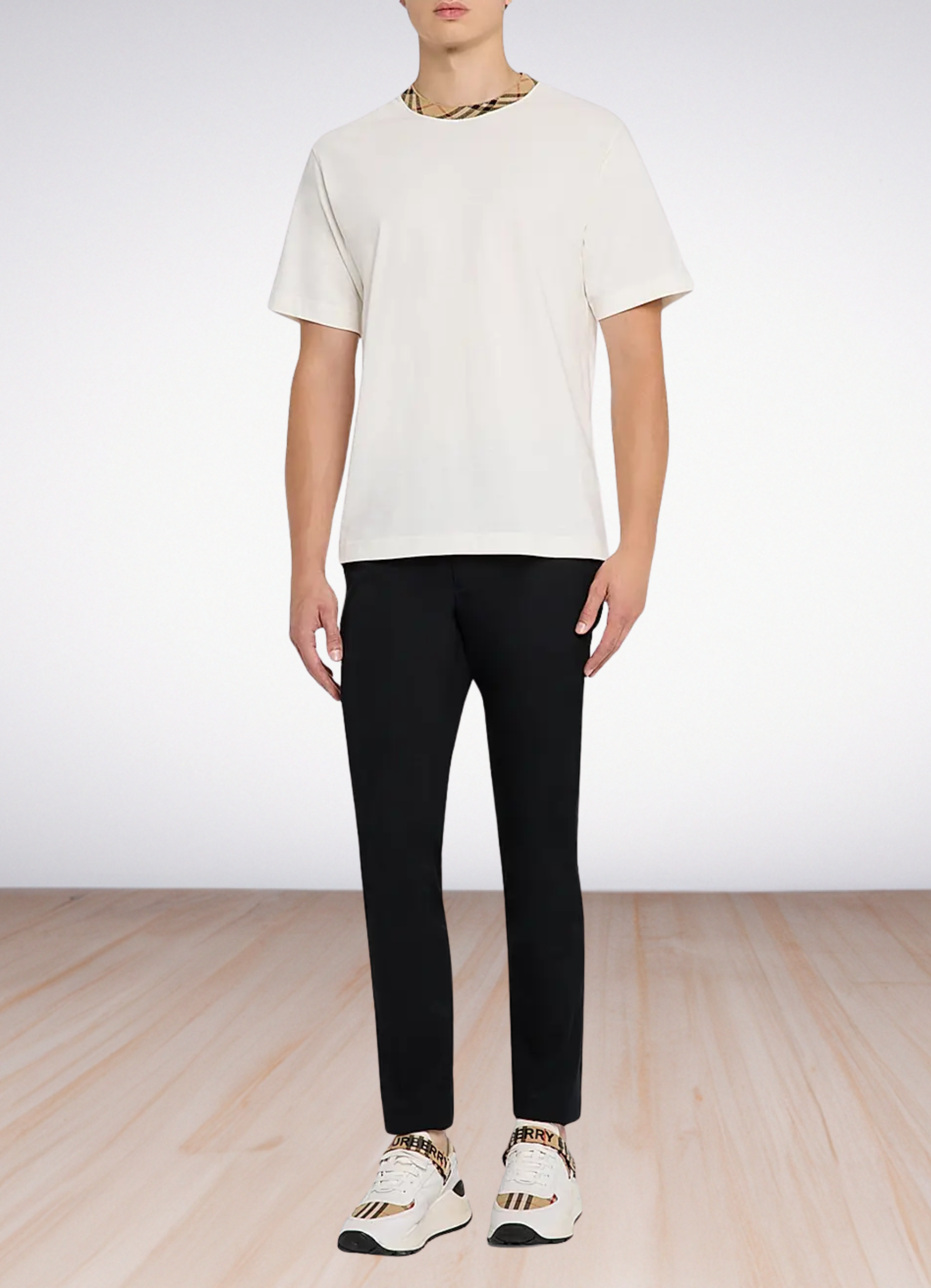 Checked-Trim Crewneck T-Shirt